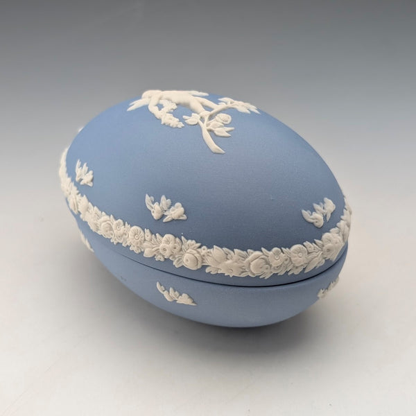 British vintage Wedgwood Jasperware egg-shaped box for small items, pale blue